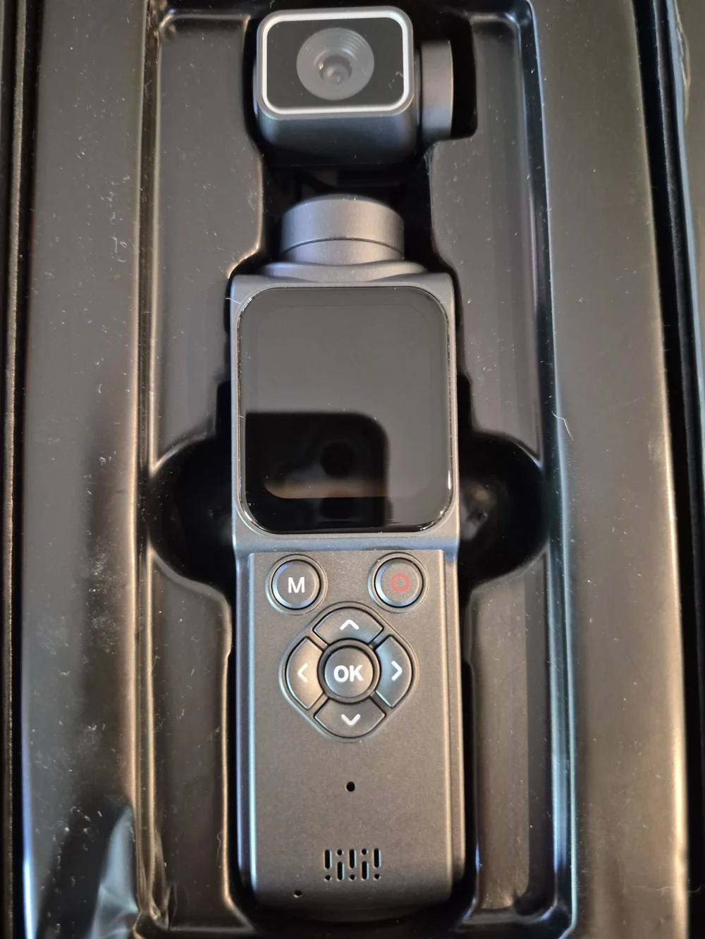 Handheld 4K Ultra HD Black Video Camera with Two-Axis Gimbal.